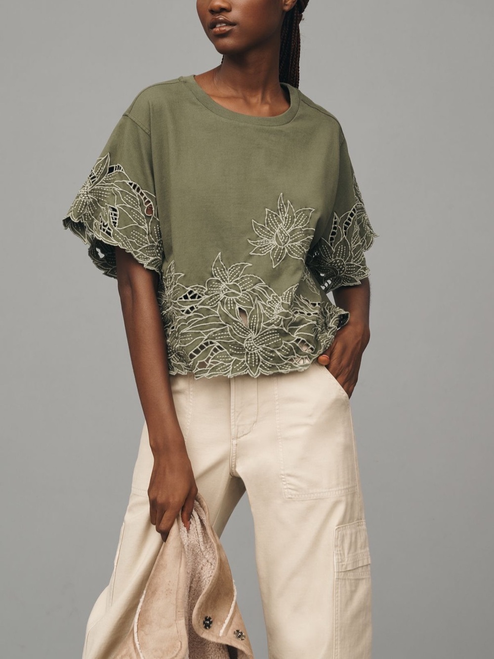 Anthropologie Olive Green Boxy Cutout Short Sleeve Top